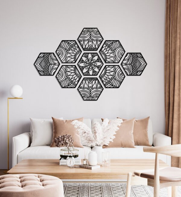 Hexagon Floral Mandala 9 pieces en bois