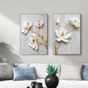 2 Tableaux de Fleurs Blanches et Bleues – Texture Lourde en Acrylique 3D