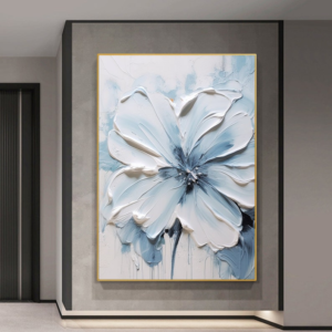 Tableau de Peinture à l’Huile 3D – Fleurs Épanouies Bleues et Blanches, Effet Texturé