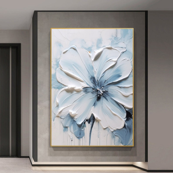 Tableau de Peinture à l’Huile 3D – Fleurs Épanouies Bleues et Blanches, Effet Texturé