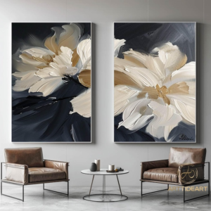 2 Tableaux de Fleurs Blanches et Noires – Élégance Contrastée