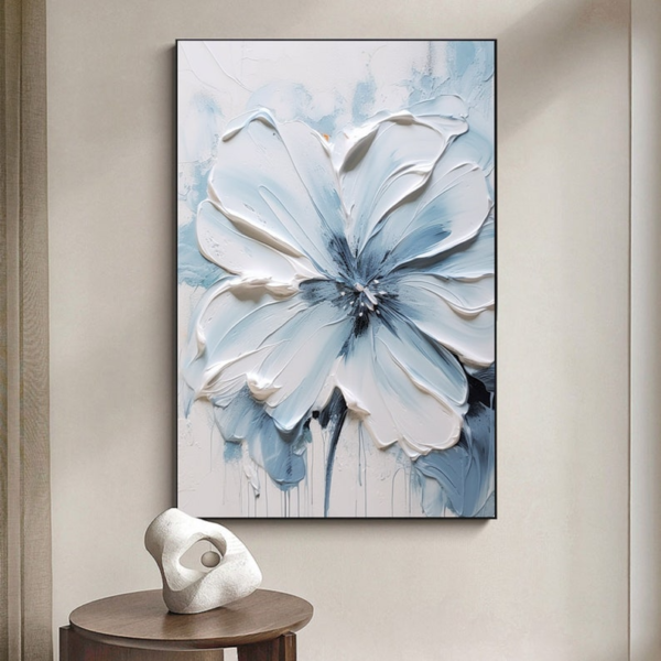 Tableau de Peinture à l’Huile 3D – Fleurs Épanouies Bleues et Blanches, Effet Texturé – Image 2