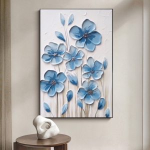 Tableau de Peinture à l’Huile Florale Bleue sur Toile – Élégance Naturelle