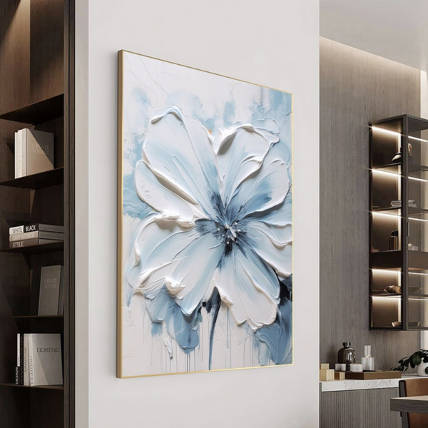 Tableau de Peinture à l’Huile 3D – Fleurs Épanouies Bleues et Blanches, Effet Texturé – Image 6