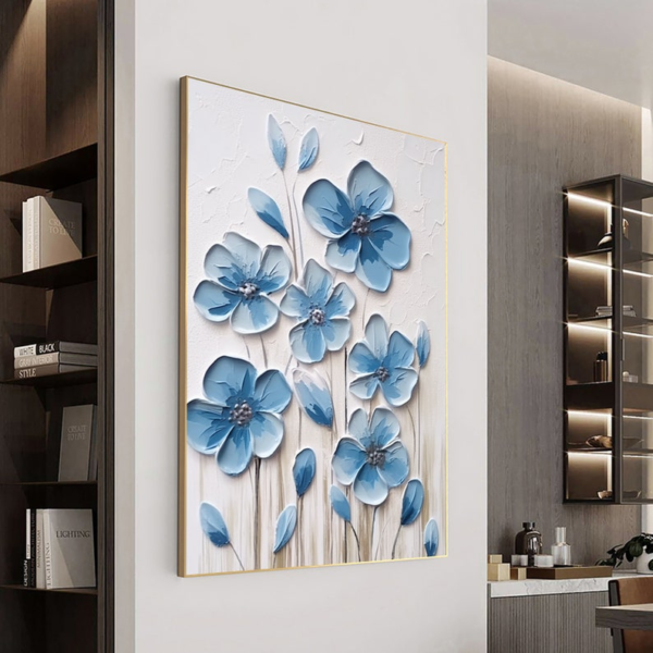 Tableau de Peinture à l’Huile Florale Bleue sur Toile – Élégance Naturelle – Image 2