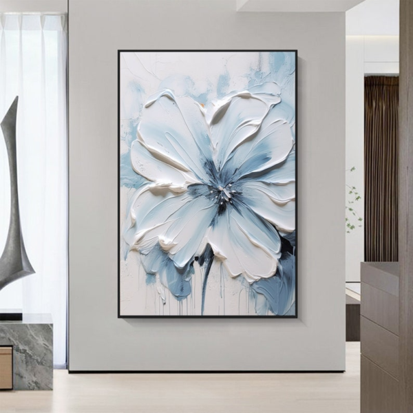 Tableau de Peinture à l’Huile 3D – Fleurs Épanouies Bleues et Blanches, Effet Texturé – Image 5