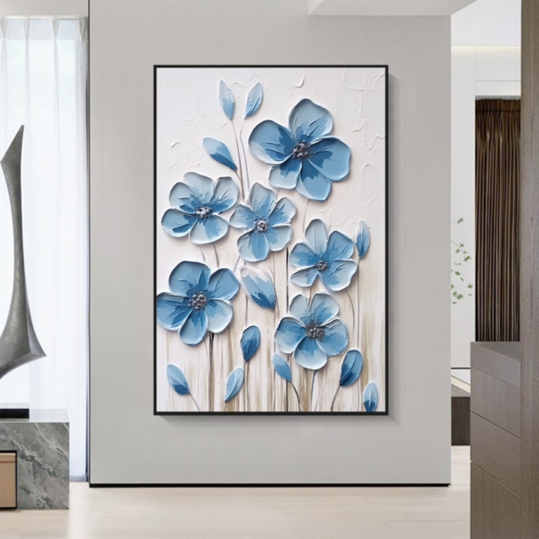 Tableau de Peinture à l’Huile Florale Bleue sur Toile – Élégance Naturelle – Image 6