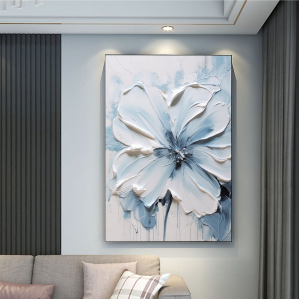Tableau de Peinture à l’Huile 3D – Fleurs Épanouies Bleues et Blanches, Effet Texturé – Image 4