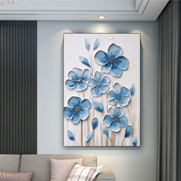 Tableau de Peinture à l’Huile Florale Bleue sur Toile – Élégance Naturelle – Image 5