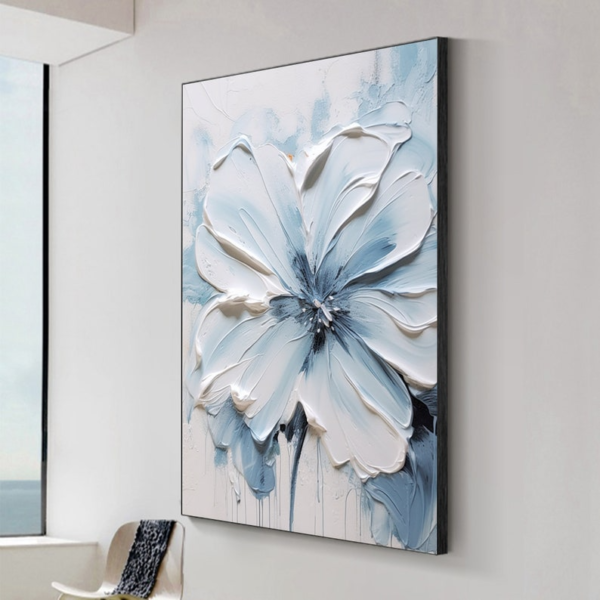Tableau de Peinture à l’Huile 3D – Fleurs Épanouies Bleues et Blanches, Effet Texturé – Image 3