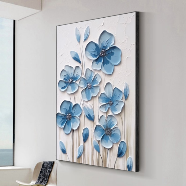 Tableau de Peinture à l’Huile Florale Bleue sur Toile – Élégance Naturelle – Image 4