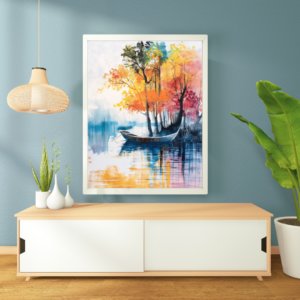 Tableau Abstrait – Lac et Bateau, Évasion Paisible
