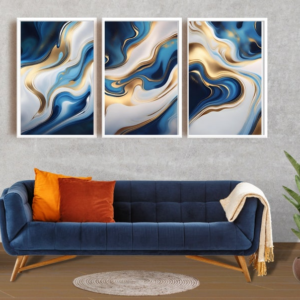 3 Tableaux d’Art Mural en Marbre – Éclat Blanc et Bleu